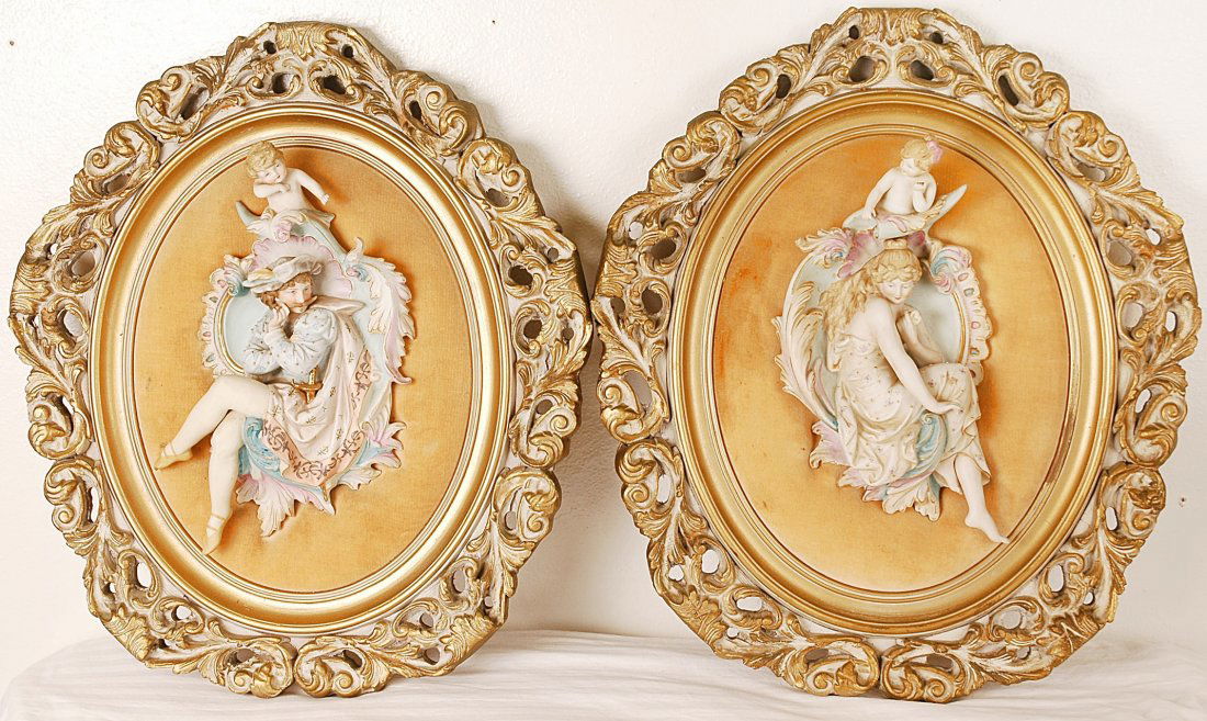 Pair Vintage French Wall Plaques w/Porcelain Inlay: Pair of BEAUTIFUL French Wall Plaques w/Porcelain Inlay. Goldish brown velver backing and carver wood trim finish in antique gold. Size 20" x 18"
