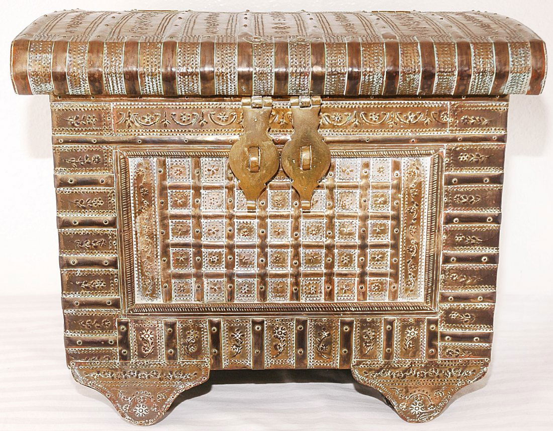 Vintage Wood, Brass, Copper Chest: Wooden box carved from hard wood and then covered completely with embossed brass sheetmetal using copper strips and tiny brass nails.All work is done by hand only. The sheet metal is embossed with bea