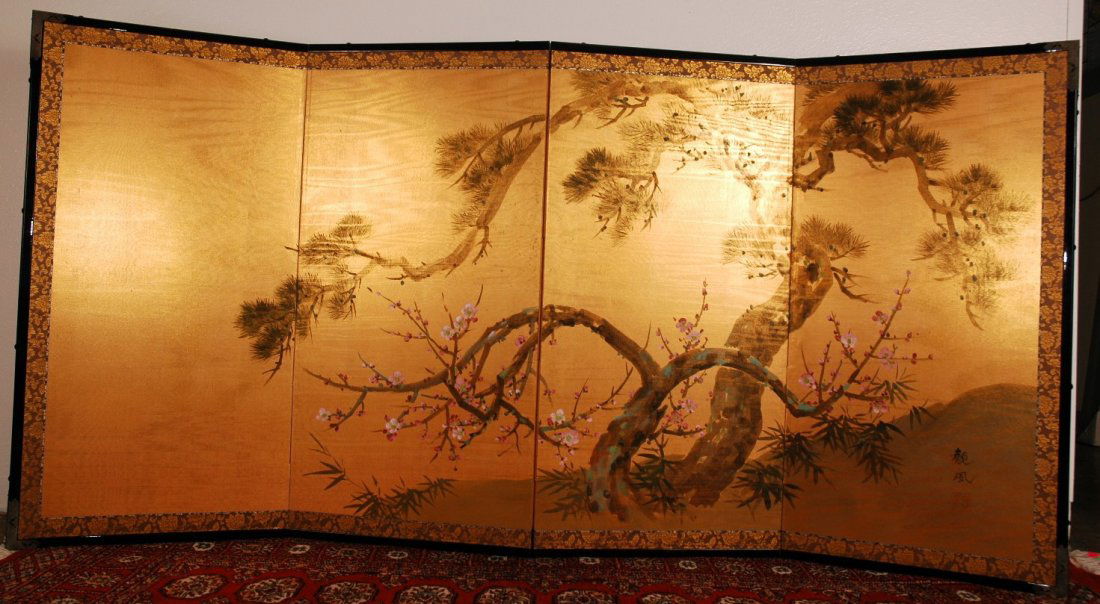 Vintage Four Panel Asian Silk Screen - Hand painte: A four panel oriental folding screen, silk laid on panel, depicting a flowering Japanese cherry tree, signed, back facing fabric green silk, wood frame with gilt bracketing. Size: 70"L x 36"H