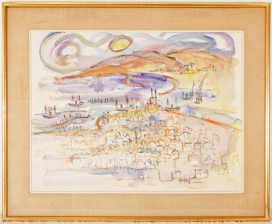 Michael Holtz "Port Scene" Original Water Color: Michael Holtz (20th Century) Israeli "PORT SCENE" watercolor on paper, 20 x 26”, framed with glass, pale toning, otherwise in good condition