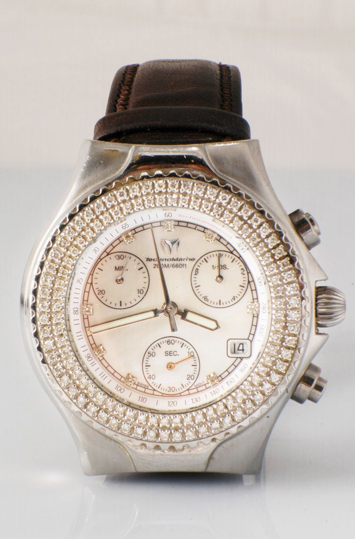 Technomarine Diamond Watch: Pre-owned Technomarine Diamond, Stainless Steel case, Water resistant, Swiss movement chronograph, brown leather band