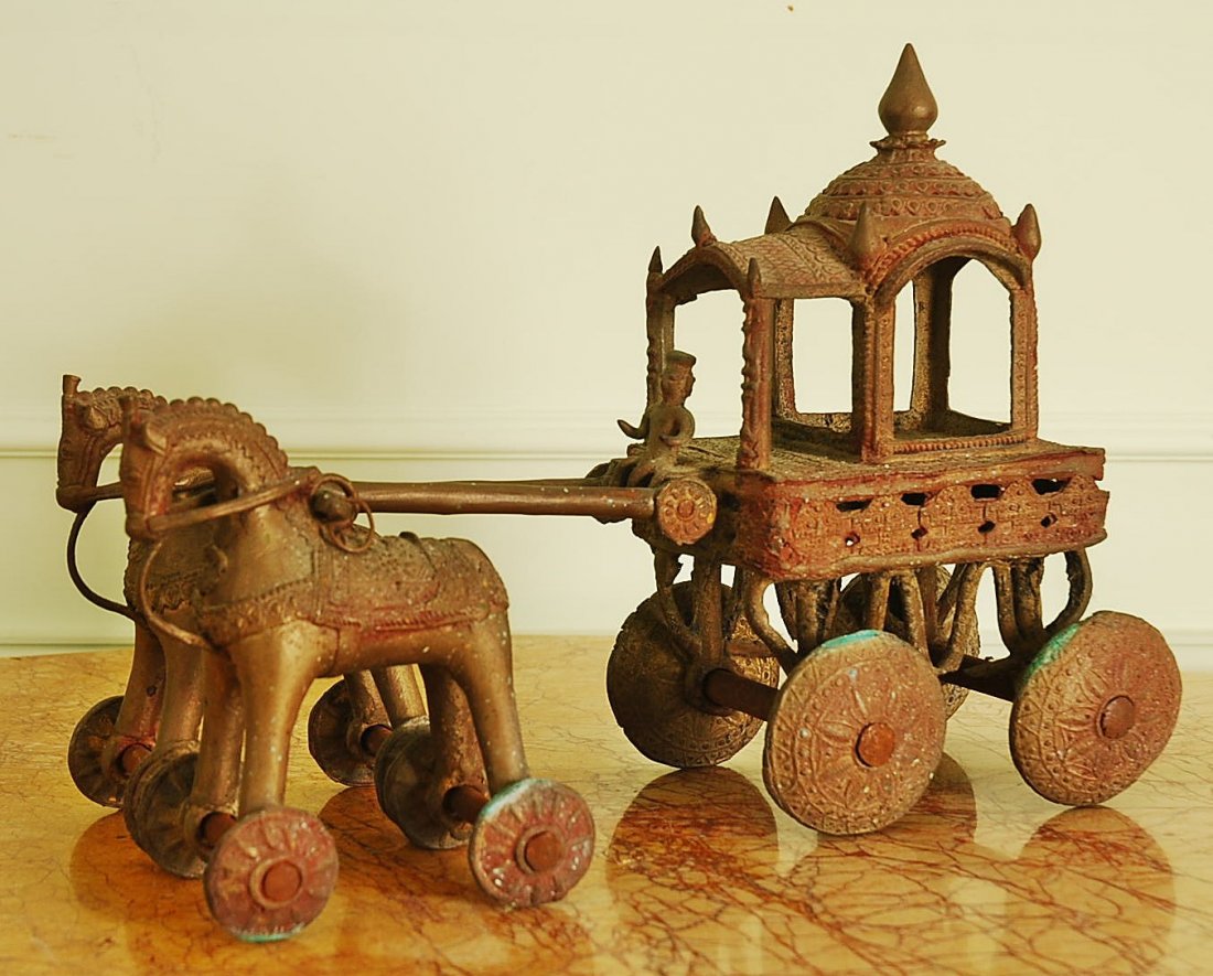 Antique Thai Cast Iron Horses and Carriage: Antique Thai Cast Iron Horses and Carriage. Size: 15"L x 10"H