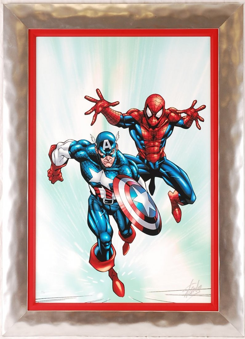 Marvel Age Team Up #2, Limited Edition Hand signed by S: Marvel Artworks Limited edition giclee on canvas entitled "Marvel Age Team Up#2" From a number edition of 99, Hand signed by Stan Lee in the lower right. Size: 18" x 27", framed: 24"W x 33.5"H
