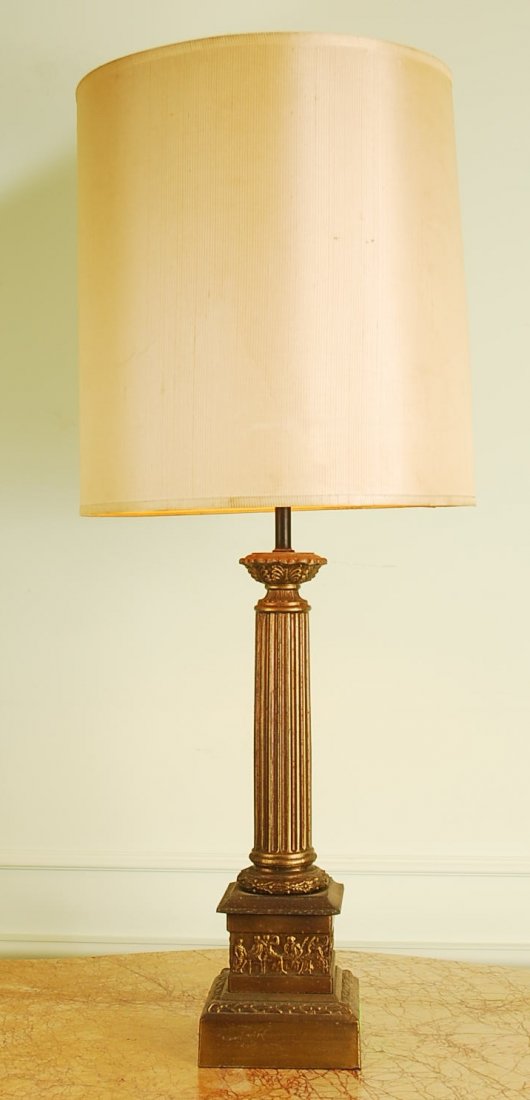 Vintage Bronze Table Lamp: Vintage Table lamp, bronze base, beige linen shade. Size 36"H x 6"w