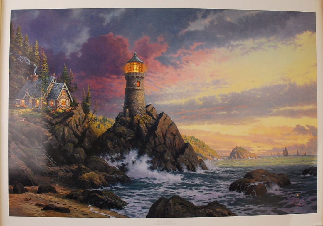 Thomas Kinkade's "Rock of Salvation" Offset Lithograph: "Rock of Salvation" by Thomas Kinkade offset lithograph in color on premium paper. Signed with the artist's DNA matrix signature authentication system and numbered 444/1000. Appraisal and COA included