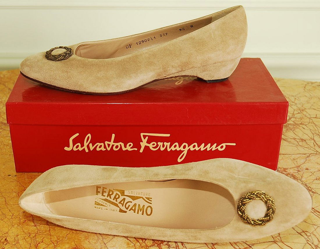 Pair of Savatore Ferragamo Ladies Shoes Size 9 1/2 New : New in the box pair of ladies shoes by Salvatore Ferragamo. Tan suede with medallion on toe. New. Made in Italy.