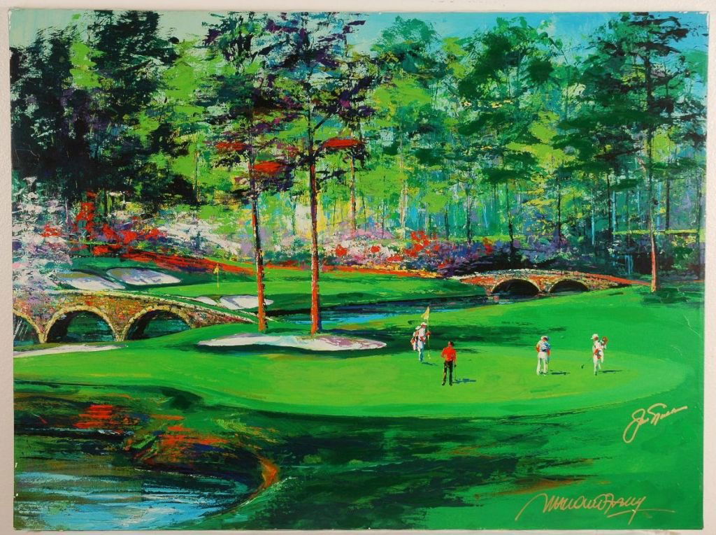 Giclee on Canvas Hand Signed by Jack Nicklaus and Malcu: Large giclee hand embellished on canvas of golf scene. Hand signed in gold marker by golf legends Jack Nicklaus and Malcum Farley. Numbered 59/60. 40"W x 30"H
