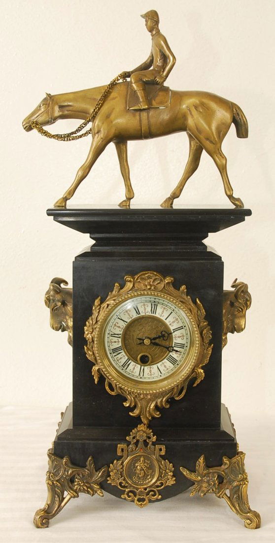 Marble Clock with Bronze Horse and Jockey