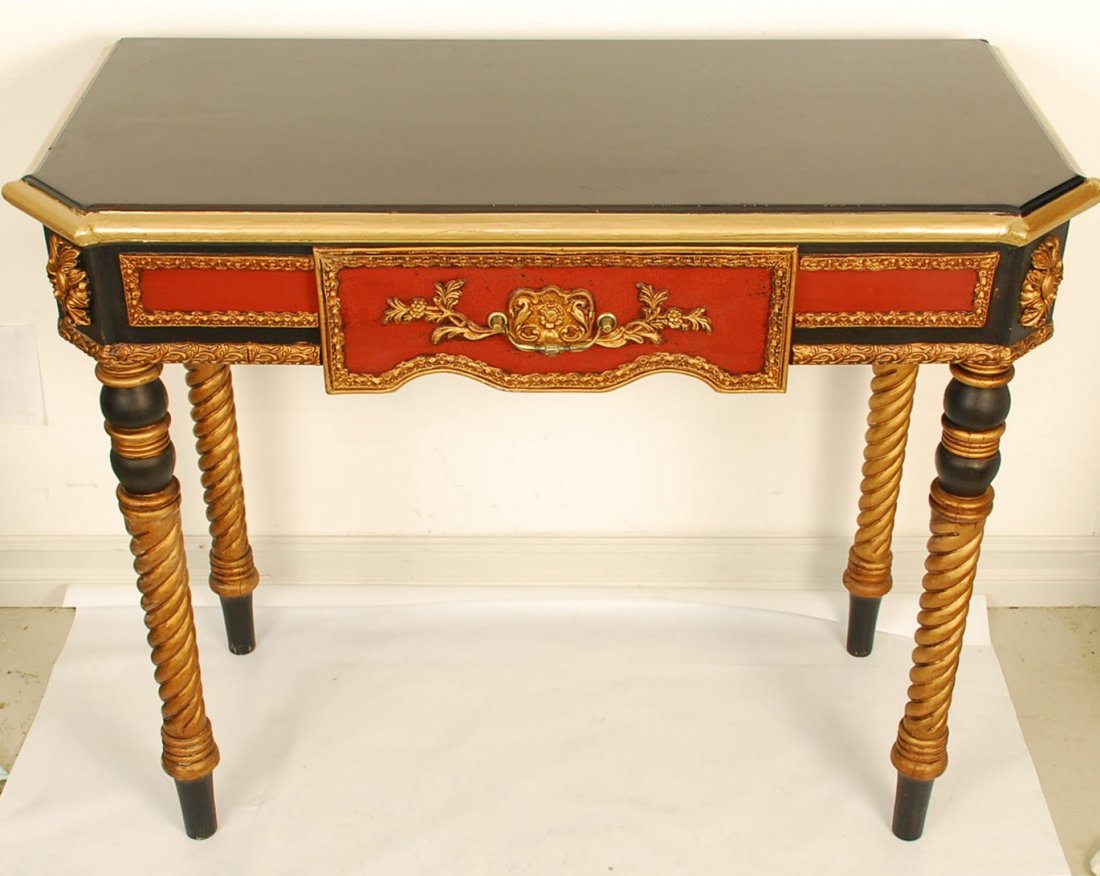 Ornate Sofa Table 32" H x 38" D: Ornate dark brown and gold leaf sofa table with rust color accents 32" H x 38" D