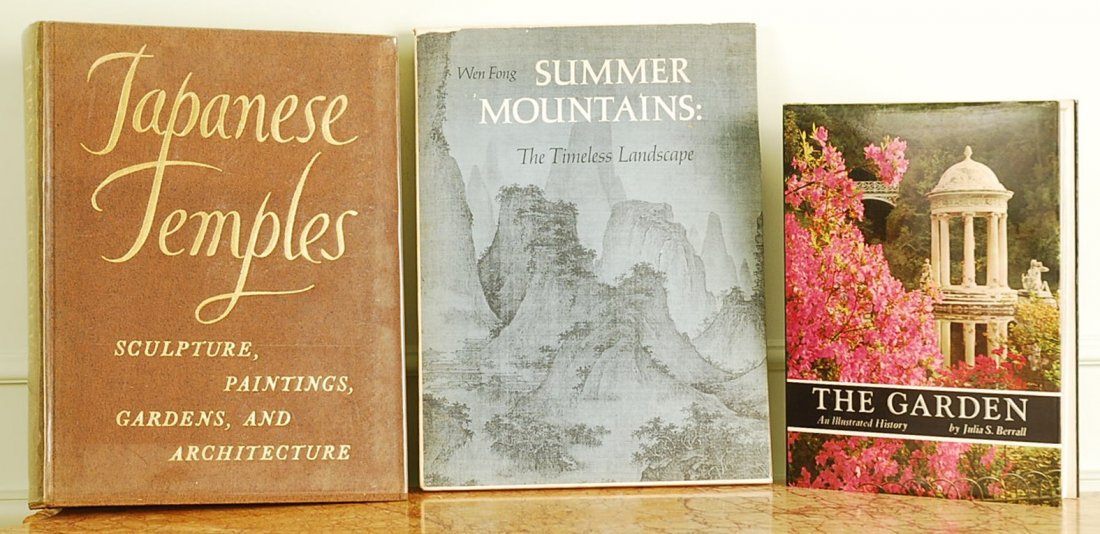 Set of 3 Vintage Scenery Books: Set includes: "The Garden: An Illustrated History" (printed in Italy 1966) "Japanese Temples: Sculpture, Paintings, Gardens, and Architecture" (printed in Japan 1964), and "Summer Mountains: The Timel