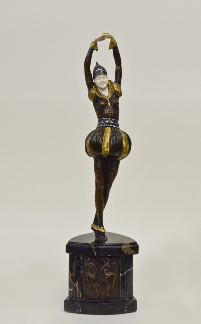 After Demetre Chiparus "By Adar"Signed Art Deco Bronze: Art deco bronze and ivory sculpture on onyx base. "By Adar" after Demetre Chiparus. Signed: D H Chiparus. Measures 18" H x 5"W