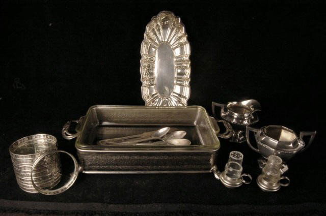 Mixed Lot Silver Plate Wilcox S.P Co Silver Plus: 1958 Wilcox S.P Co Silver -Plate Sugar & Creamer, Set of 11 silver-plate glass coaster, pair of silver-plate salt & pepper shaker (unmarked), silver-plate dish (stamped superfine EPC), silver-plate se