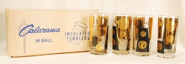 8 Fun Madmen 1950's style Cera Gold Coin Highball: Fun Madmen 1950's style Cera Gold Coin Highball Glasses - Set of 8. Great vintage condition. stored in original box.Approx Dimensions 5.5"H The decoration on these glasses is 24kt gold.