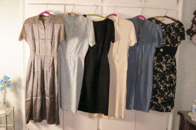 Vintage 50's 60's Hipster Dresses: Vitage 1950's /1960's Hipster House and Evening Dresses, small / medium. Various fabrics, all in well care for condition. Lot of 6 pcs