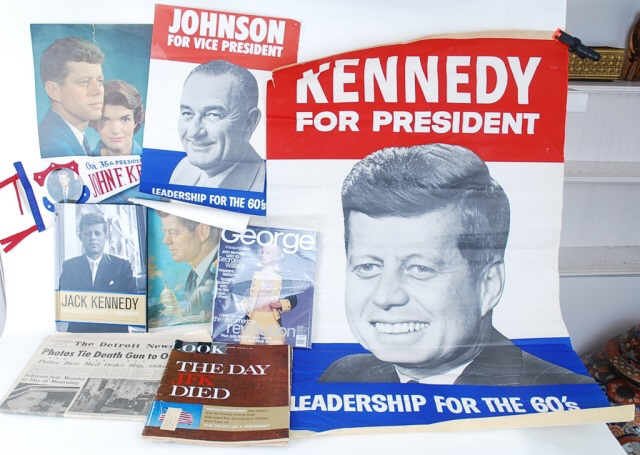 Lot of John F. Kennedy Memoribillia Coin, Papers: Lot of John F. Kennedy Memoribillia Coin, Papers, 3 plates, salt and pepper shaker. Largest plate measures approx. 10" John Kennedy Memorabilia, Books, Campaign, Poster, The look magazine, Detroit ass
