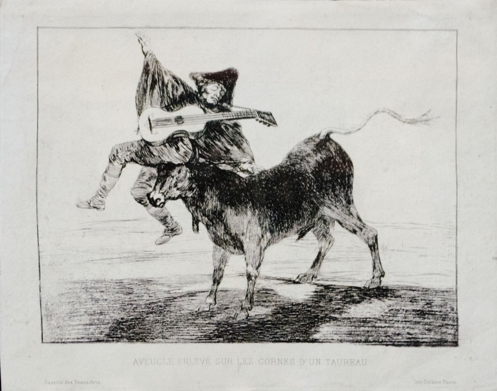Francisco Jose de Goya "Aveugle Enleve Sur Les...: "Aveugle Enleve Sur Les Cornes D'un Taureau" by Francisco Jose de Goya limited edition engraving on paper. Double matted in gold leaf colored frame 27" H x 31" L Condition: Excellent