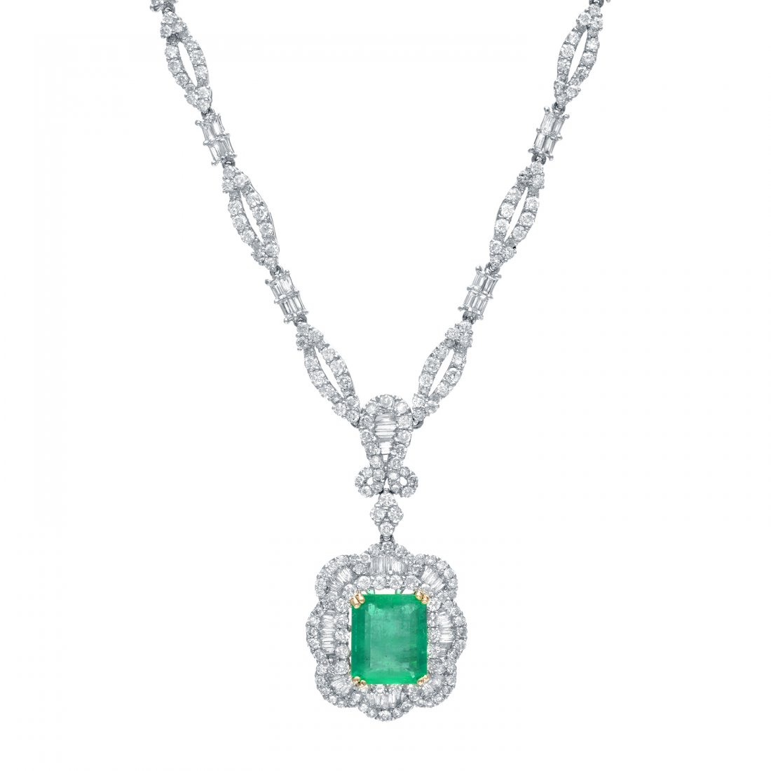 12.21ct Emerald & Diamond Necklace: 8.90 ct Diamond, 3.31ct Colombian Emerald, 16.78 grams 14K White Gold (Necklace) Condition: Excellent
