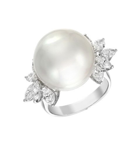 1.36 Carat Diamond and Pearl Ring: 18K white golf ring with 1 genuine Tahitian South Sea white pearl 15.18mm and 10 genuine diamonds total carat weight of 1.36. Total weight of ring 4.86 grams.