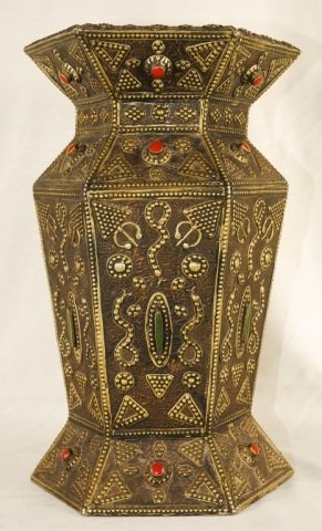 Antique Moroccan Brass Vase: Antique Moroccan Brass Vase. This elaborately decorated hand hammered brass vase is embellished with semi-precious stones. 24 round orange stone maybe made of corals and 6 oblong shaped jades. Vase ap