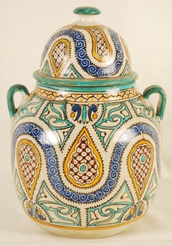 Antique Moroccan Covered Vase: Antique Moroccan Covered Vase. Glazed. Bottom mark "FEZ NAJI". Top cover is cracked and glued together (as seen in last picture). Vase approx 11 inches tall and 8 inches wide.