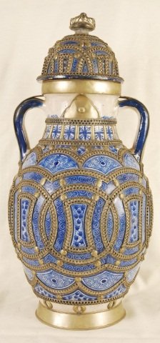 Antique Moroccan "FEZ" Vase: Antique Moroccan Vase. Hand painted cobalt blue Moorish-style design with fine silver nickel metal embelished throughout. Bottom inscribed "FEZ Nagi" Vase approx 21 inches tall and 10 inches wide. In