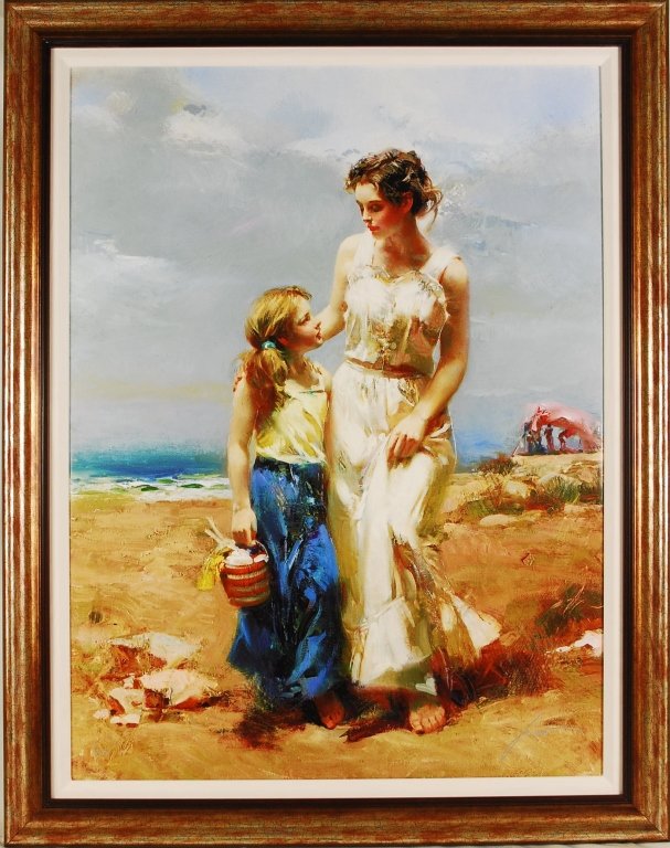 Pino "By The Sea" Hand Signed: Large, limited edition Hand Embellished Giclee on Canvas by Pino, entitled: By the Sea, measuring approx 37 x 43 inches including frame. Artwok is hand signed by the artist in the lower margin. Editio