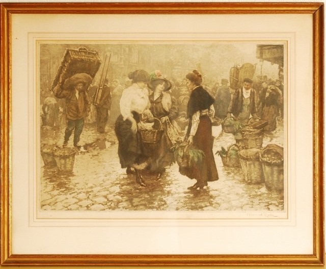 MANUEL ROBBE Signed Original Aquatint/Drypoint: Manuel Robbe, (French, 1872-1936), La Causette au Marche. This is a magnificent original, hand signed limited edition color aquatint and drypoint by internationally acclaimed Belle Epoque artist MANUE