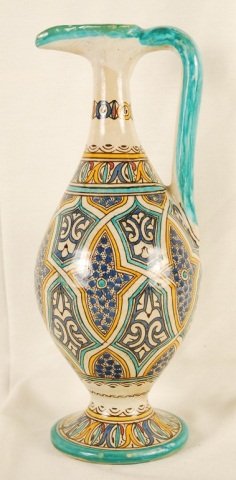 Antique Moroccan Ceramic Tall Pitcher: Antique Moroccan Ceramic Tall Pitcher. Hand painted one of a kind item in good condition. Pitcher approx 15 inches tall and 6 inches wide.