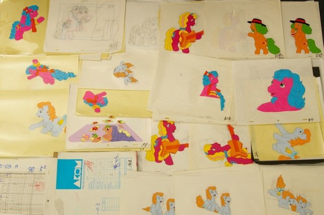 Vtg My Little Pony Production & Animation Cartoon: Vintage My Little Pony Production paperwork & 55 Hand Painted Animation Production Cartoon Cels and Drawings. These cels measure about 12.5" by 10.5", and has 3 peg holes and studio production marking