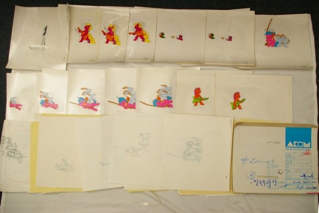 Vtg My Little Pony Production & Animation Cartoon: Vintage My Little Pony Production paperwork & 44 Hand Painted Animation Production Cartoon Cels and Drawings. These cels measure about 12.5" by 10.5", and has 3 peg holes and studio production marking