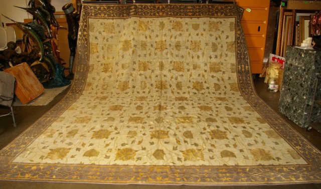 Mansour Hand Made Modern Rug 12' x 15'3" Wool-silk: Designer Rug,large wool/silk rug. 12' x 15'3". Label on verso, minor spotting/ stains due to age otherwise in good used condition