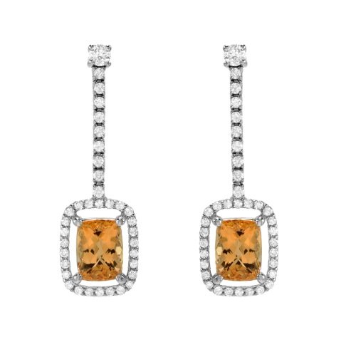 5.40 Carat Topaz and Diamond Earrings in 14K WG: 2 Yellowish Orange Topaz at 4.6 Carat. 72 Round Diamond 0.80 Carat with Clarity Grade SI2-I1 and Color Grade H-K. Diamond Earrings in 14K White Gold (4.30 Grams). Includes Appraisal Report.