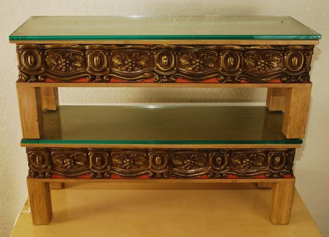Pair Vintage Accent Tables with Brass Applications: Pair of unique, one of a kind, High end Vintage Accent Tables or Benches with Glass Top. Each table has a beautiful ornate brass application to the apron. Hand painted in antique gold / bronze finish.