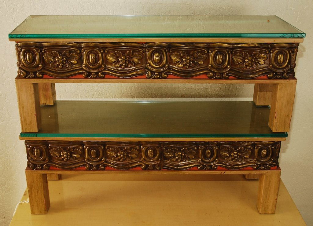 Pair Vintage Accent Tables with Brass Applications: Pair of unique, one of a kind, High end Vintage Accent Tables or Benches with Glass Top. Each table has a beautiful ornate brass application to the apron. Hand painted in antique gold / bronze finish.