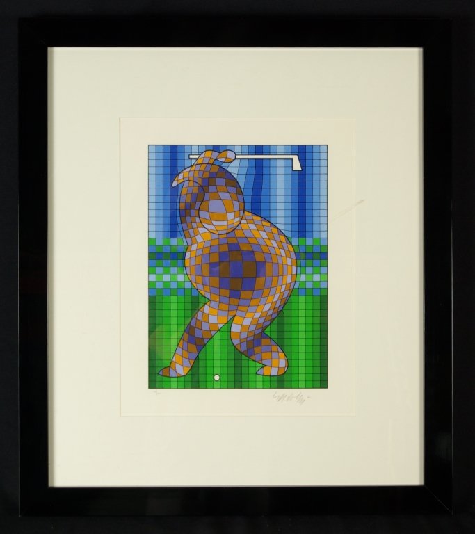 Victor Vasarely "Golfer" Hand Singed: Victor Vasarely "Golfer" Limited edition serigraph, hand signed & numbered in pencil by the artist in the lower margin. Framed with Plexiglass : Black Frame, Cream Mat., overall approx 24x 27 inches C