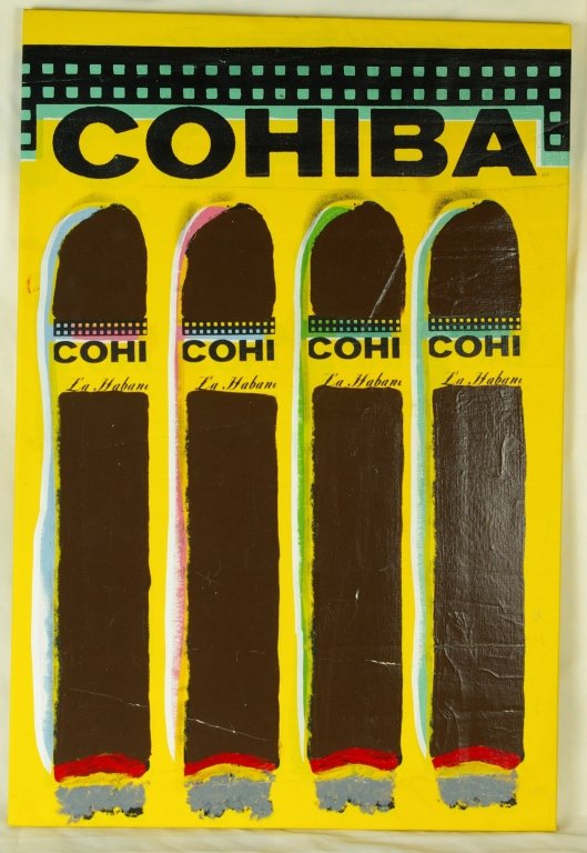 Steve Kaufman 4 Panel Cohiba, Signed Mixed Media: Steve Kaufman, 4 Panel Cohiba, Signed Limited Edition Mixed media on canvas. Hand signed on verso, oveall approx 21 x 31 inches, streched gallery wrapped Condition: Good