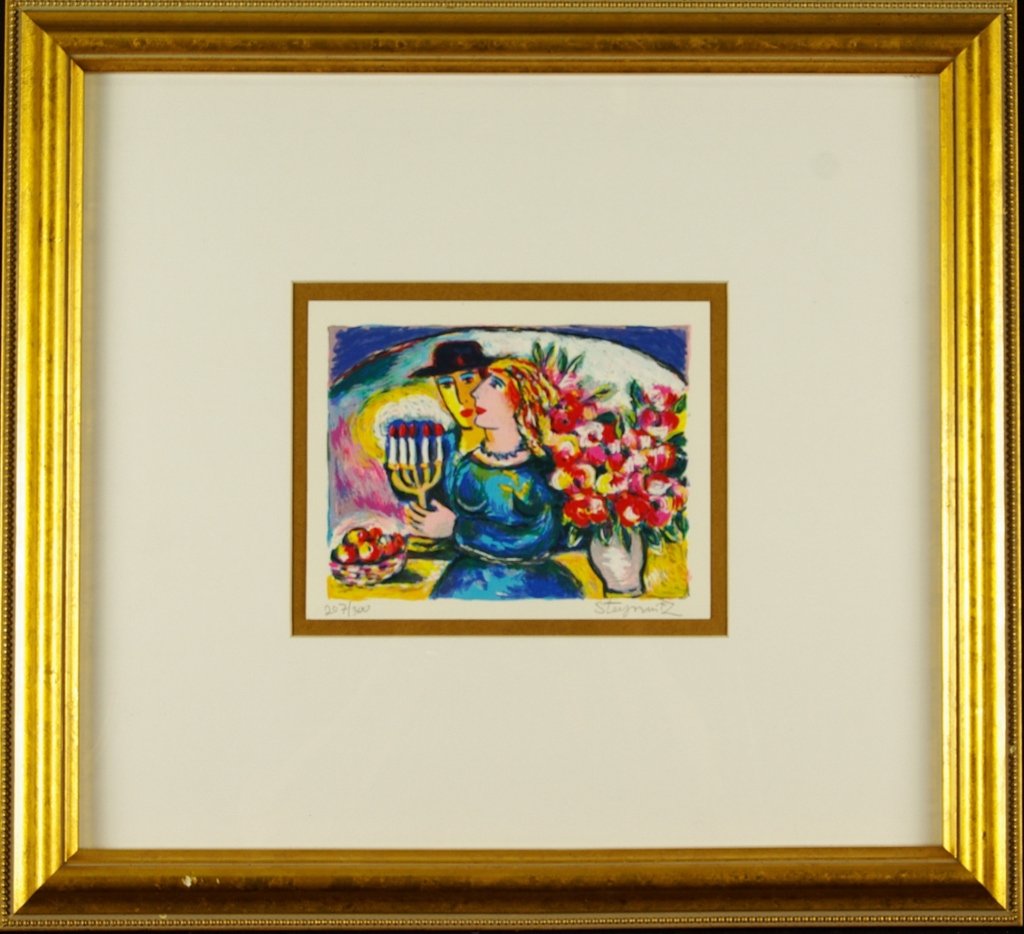 Zamy Steynovitz "Shabbat" Hand Signed Ltd Ed Serig: Zamy Steynovitz, entitled: Shabbat, limited edition serigraph on paper, hand signed by the artist in the lower margin, edition: 207/300, matted and framed behind plexiglass. Overall approx 18.5 x 17 i