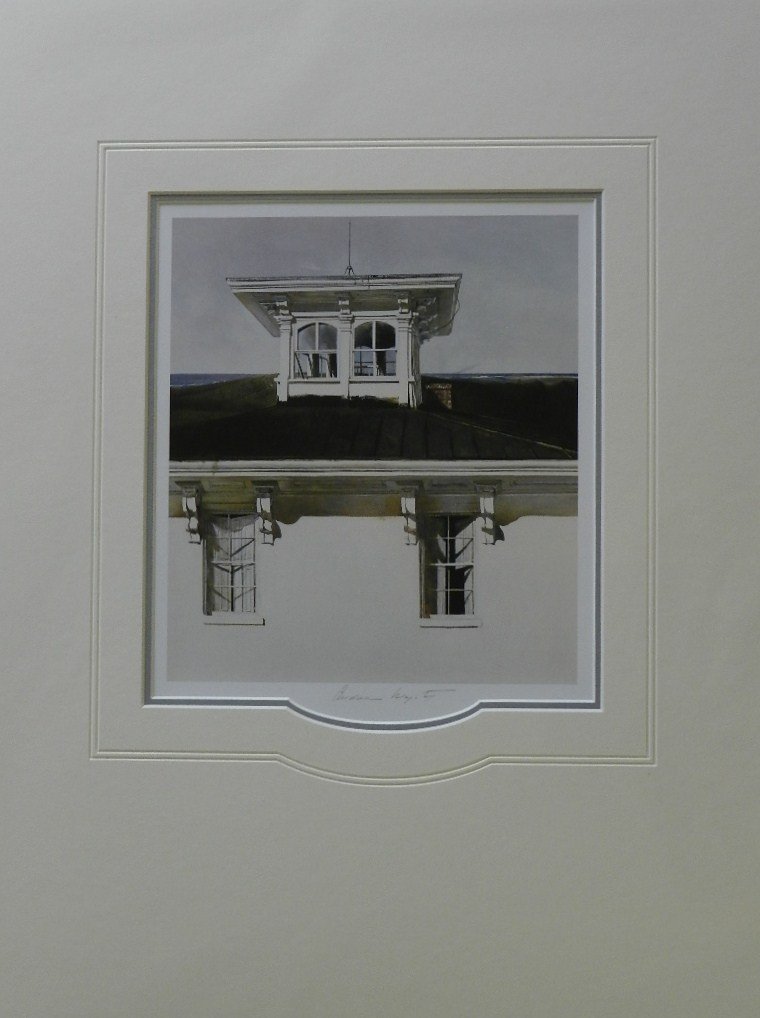 Andrew Wyeth "Widows Walk" Pencil Signed: Custom matter measures: 20" X 16" inches, Sight: 8" x 9" inches. Unframed, Hand signed lithograph. COA included.