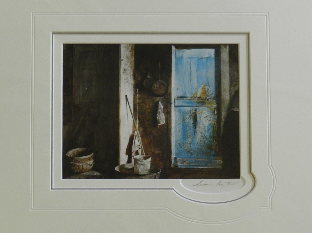 Andrew Wyeth "Blue Door" Pencil Signed: Custom matter measures: 20" X 16" inches, Sight: 7" x 9" inches. Unframed, Hand signed lithograph. COA included.