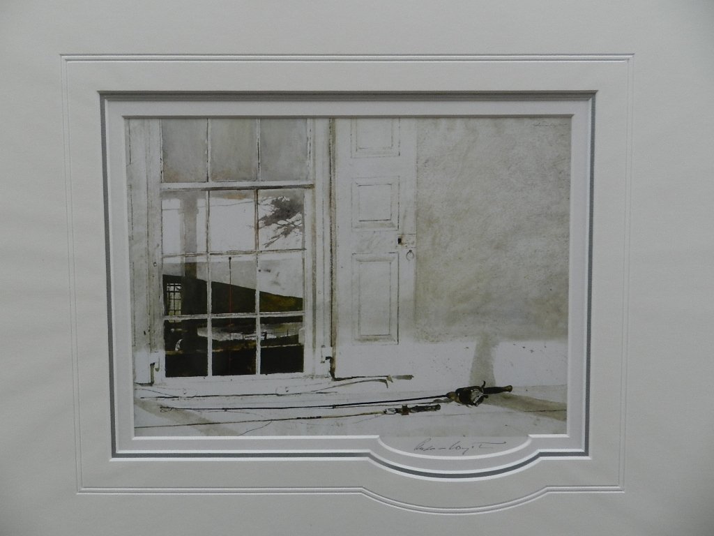 Andrew Wyeth "Grandson's Fishing Pole" Pencil Signe: Custom matted measures: 20" x 16" inches. Sight: 11" x 8" inches. Unframed. Hand signed print. COA included.