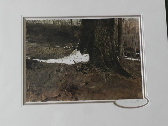 Andrew Wyeth "Snow Shoe" Pencil Signed: Custom matted measures: 20" x 16" inches. Sight: 14" x 10" inches. Unframed. Hand signed print. COA included.