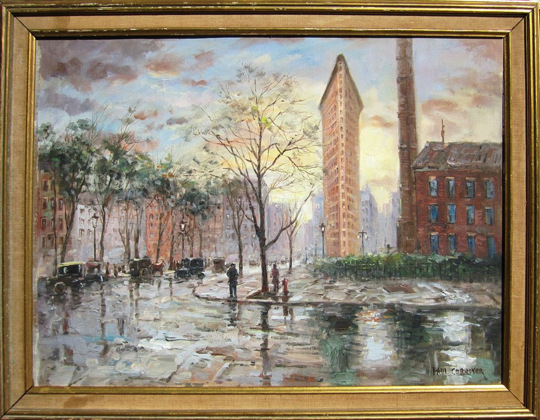 Oil painting signed Cornoyer: (Flat Iron Building)measures 27 x 22 inches,signed lower right,sold without provenance,