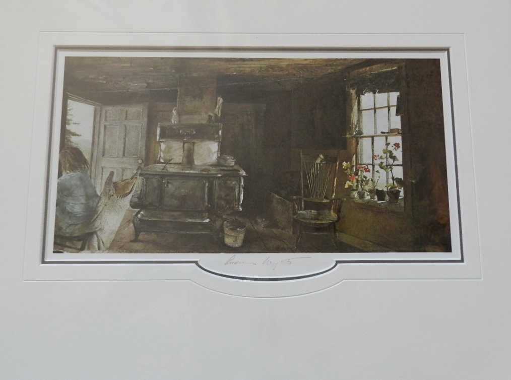 Andrew Wyeth "Wood Stove" Pencil Signed: Custom matted measures: 20" x 16" inches. Sight: 8x15 inches. Unframed. Hand signed print. COA included