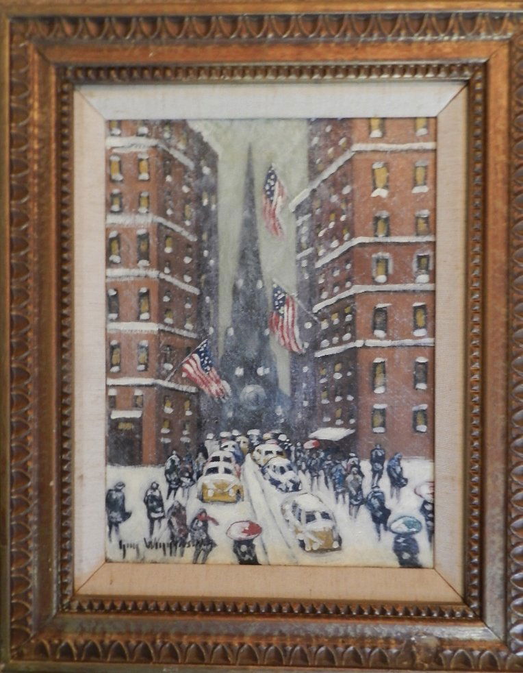 Guy Carleton Wiggins (American, 1883-1962): The Financial District, New York Winter oil on canvas signed Guy Wiggins N.A.(lower left) and inscribed with title and signed verso, measures: 22x18 inches w/original linen frame, sight: 16x12 inches.