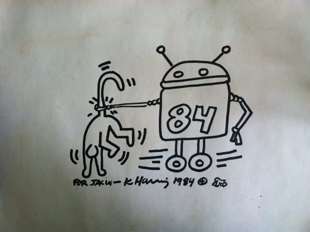 Keith Haring (1958 – 1990) Marker on Paper: actual painting measures 10 x 8 inches,signed bottom, dated 1984 and "For Jakin",there isn't a COA or any documentation, sold as attributed to Keith Haring