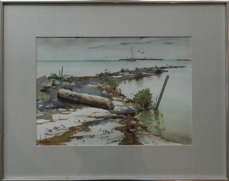 Joan Howe Watercolor on Paper Seascape: measures sight 18 x 13.5 inches,framed size 28 x 22 inches, signed lower left