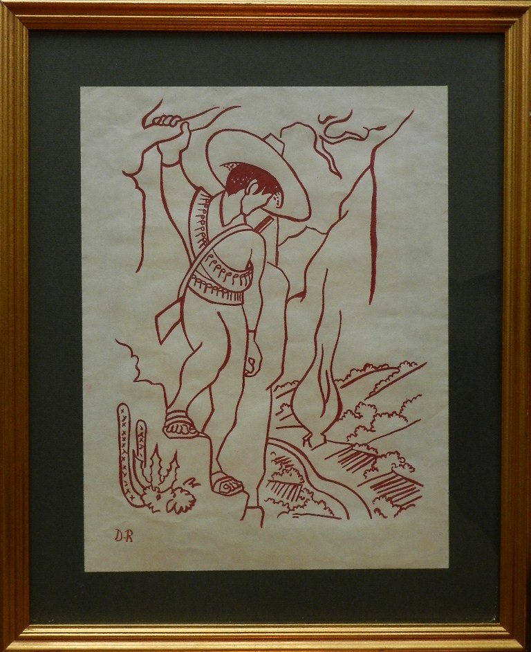 Diego Rivera (Mexican) Ink Drawing: signed D.R. lower left,measures sight 16 x 12 inches,framed 22 x 18 inches,label on back,includes authentication letter from ruth alvarado rivera