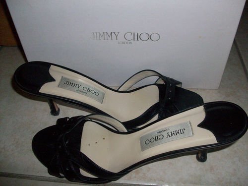 Jimmy Choo Black Kitten Heel Sandal US size 9M: Cute Jimmy Choo black leather sandals, kitten heel, complete with original Jimmy Choo box