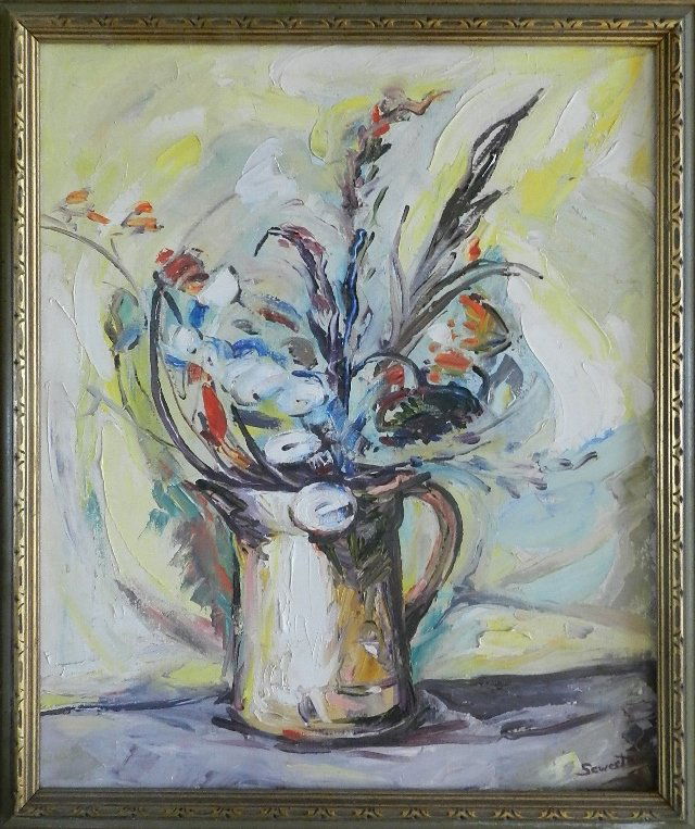 Early Peter Max Style Still Life Oil on Canvas: measures: 26x22 inches framed, sight:24x20 inches, signed "Sewert" lower right.