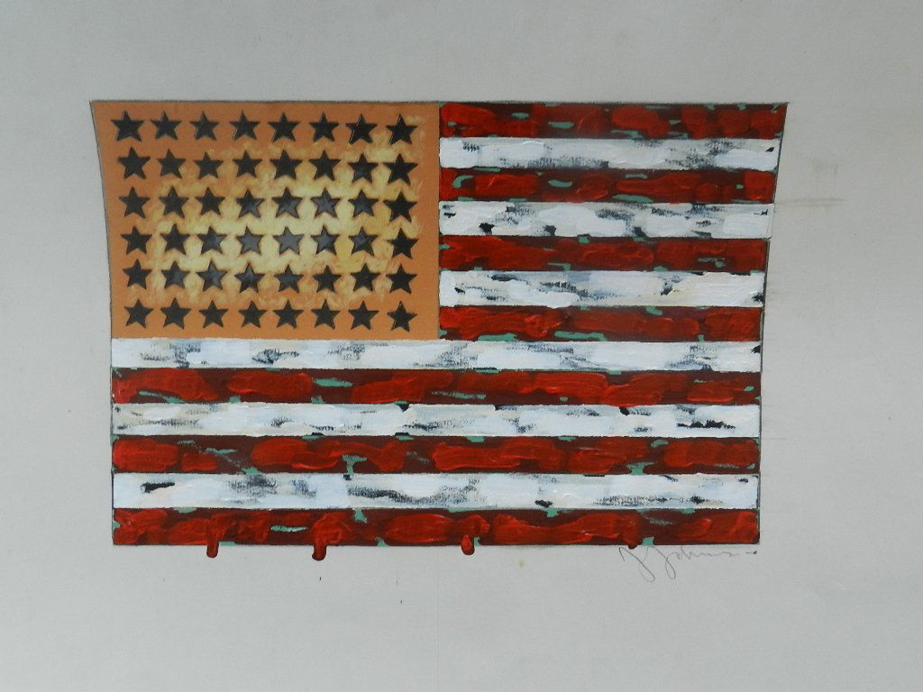 Acrylic on Paper signed Jasper Johns: "American Flag", measures: 12x17.5 inches, image: 7x11 inches, signed lower right, attributed